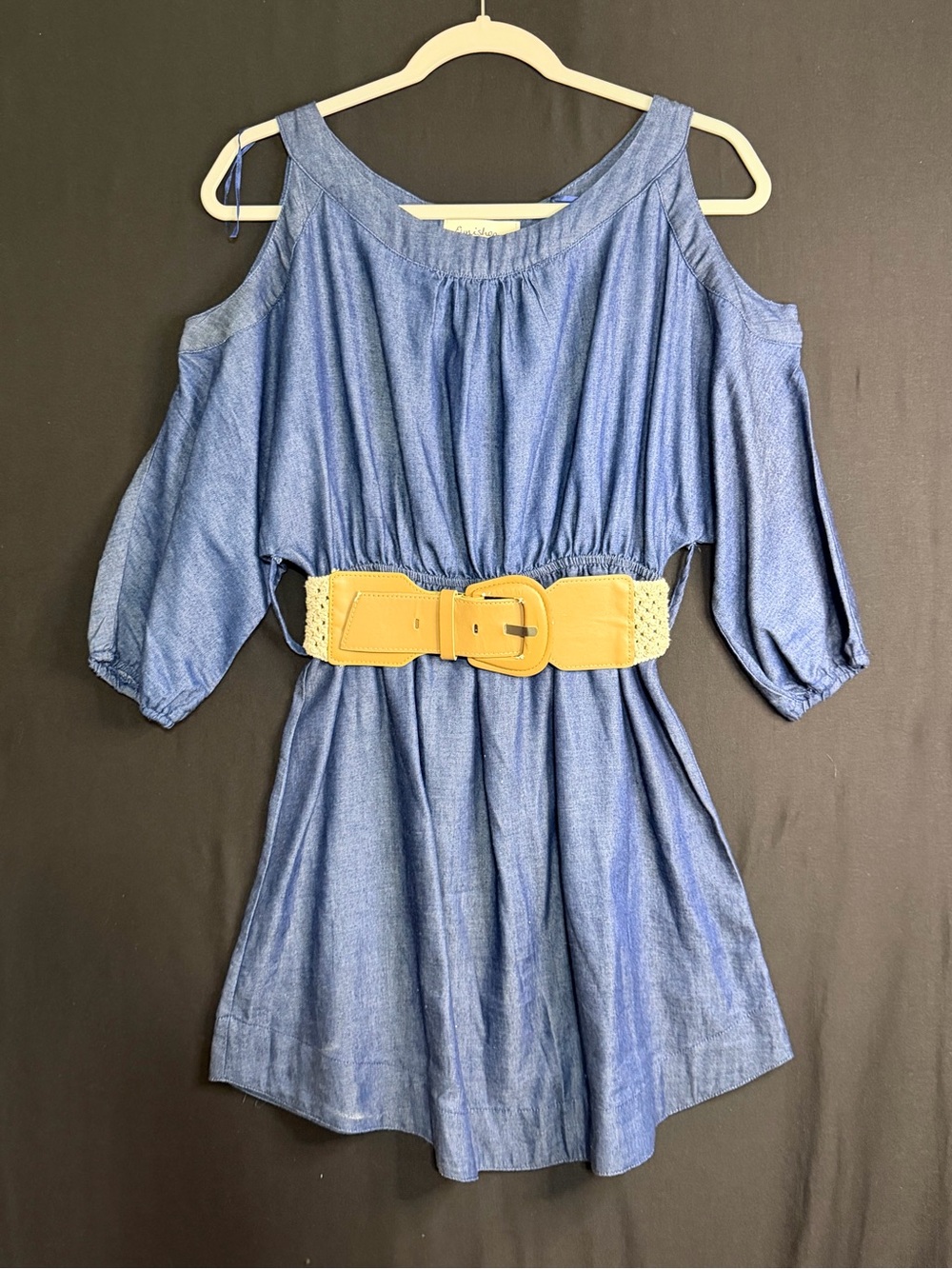 Cotton Blue Cold-Shoulder Denim Dress with Tan Belt sheen to dress boat neck